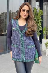 Nikita Vasdev In Our Purple and Green Sleeveless Jacket