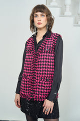 Hot Pink and Black Herringbone Sleeveless Jacket