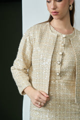 Golden Tweed Sleeveless Dress With Jacket