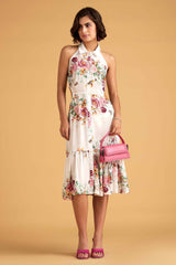 Halter Dress in White Floral Fabric