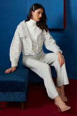 Blue Tweed Bomber Jacket