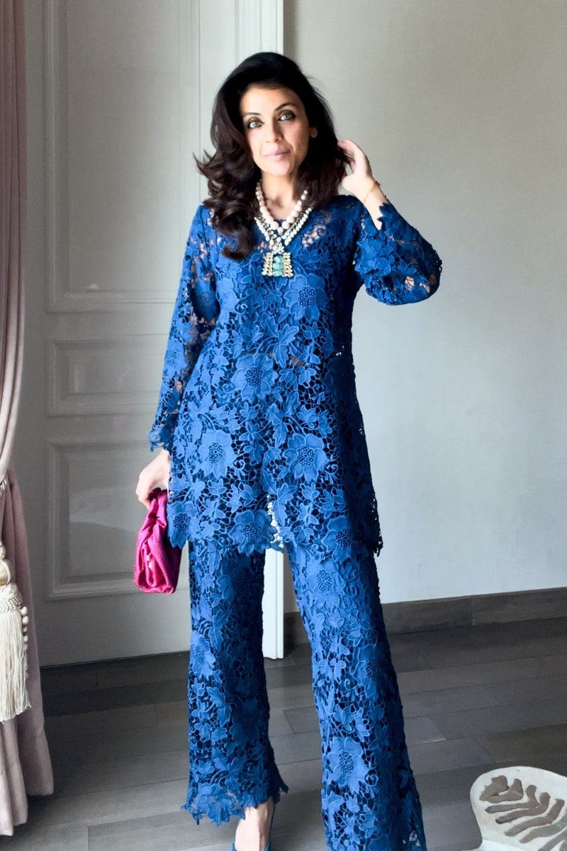 Nriti Shah In Our Elora Blue Lace Co-ord Set