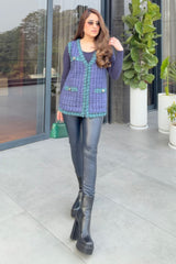 Nikita Vasdev In Our Purple and Green Sleeveless Jacket