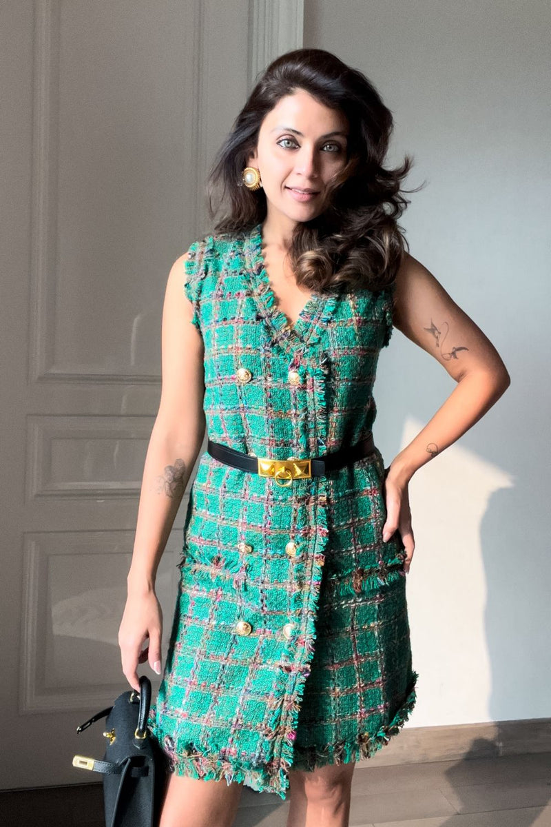 Nriti Shah In Our Bertha Sleeveless Tweed Dress