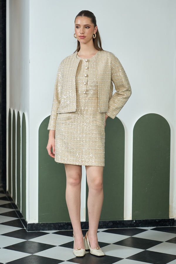 Golden Tweed Sleeveless Dress With Jacket