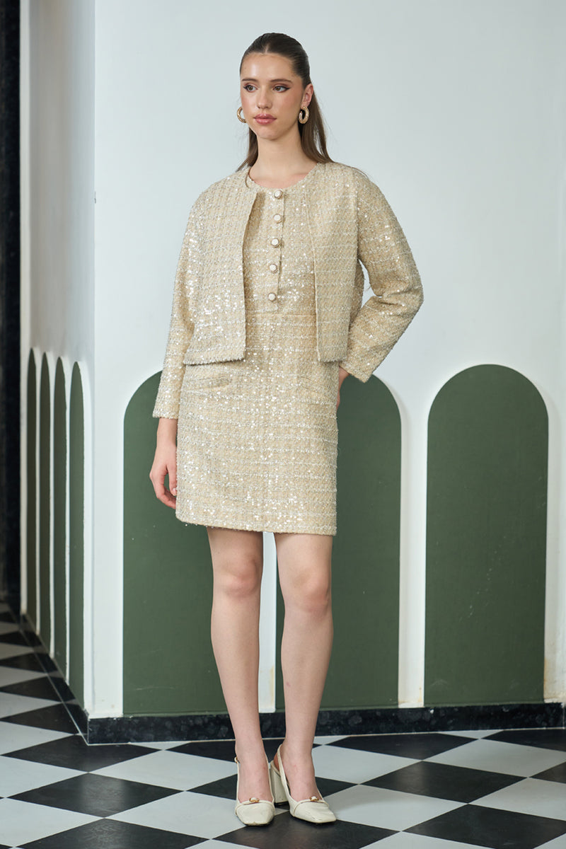 Golden Tweed Sleeveless Dress With Jacket