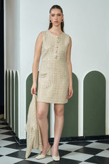 Golden Tweed Sleeveless Dress With Jacket