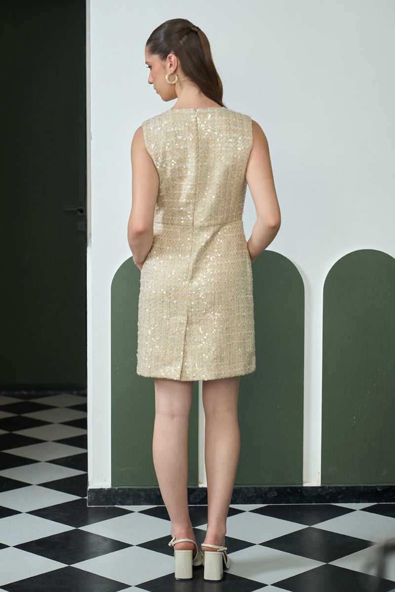 Golden Tweed Sleeveless Dress With Jacket
