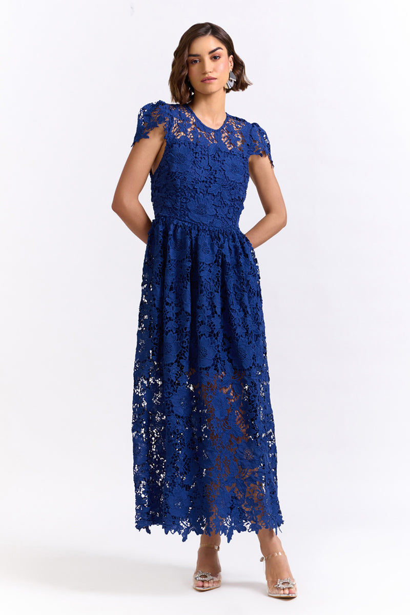 Ela Blue Midi Lace Dress