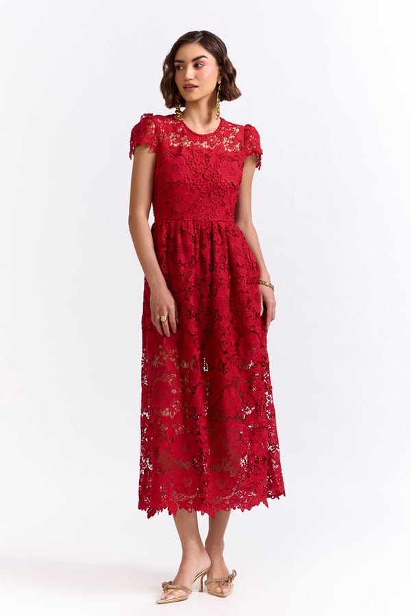 Ela Red Midi Lace Dress