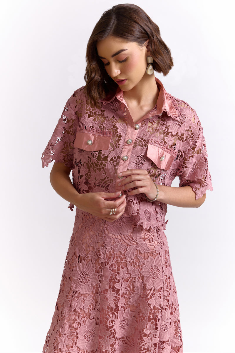 Aran Onion Pink Lace Skirt & Top Set