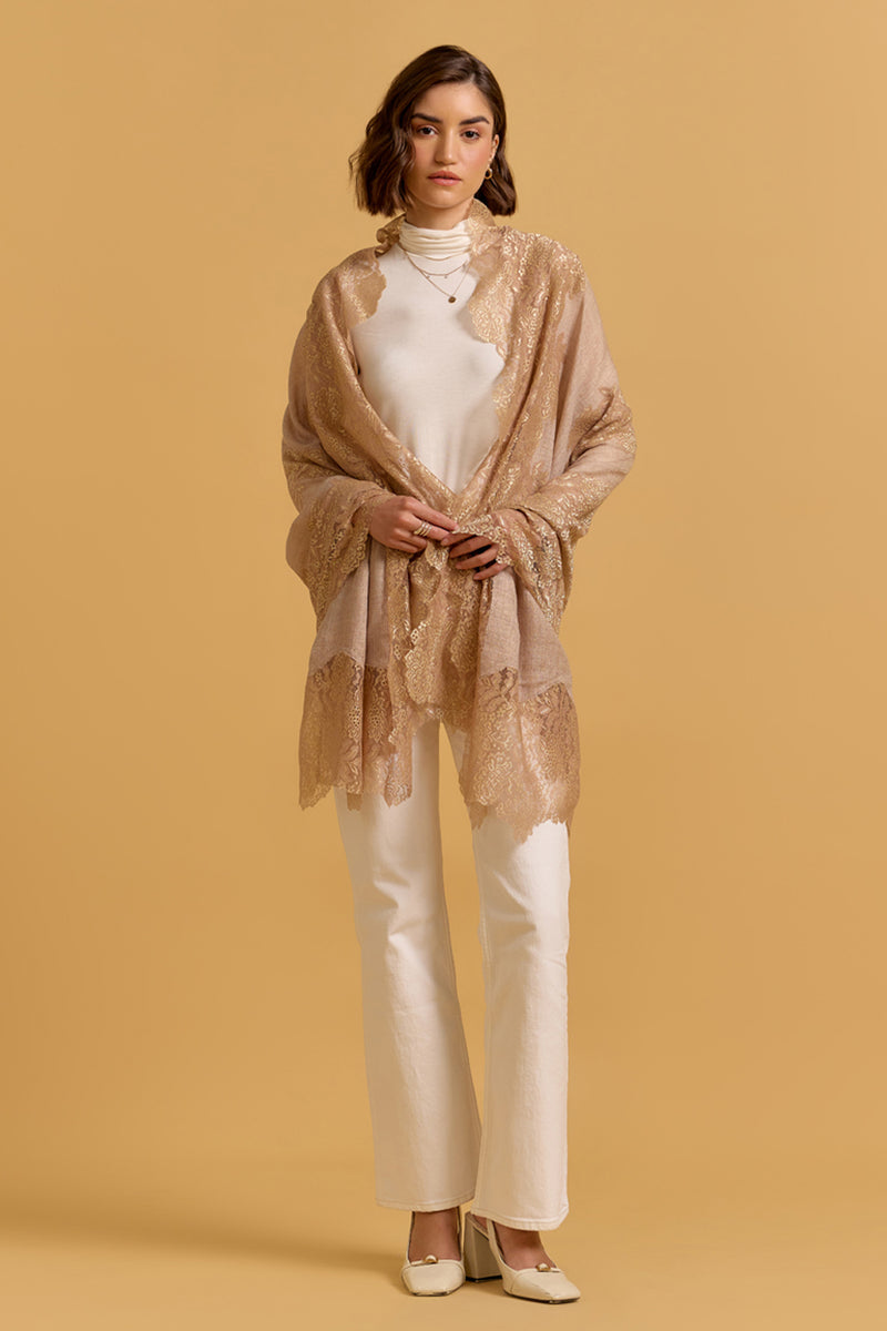 Beige With Gold Foil Pashmina Shawl