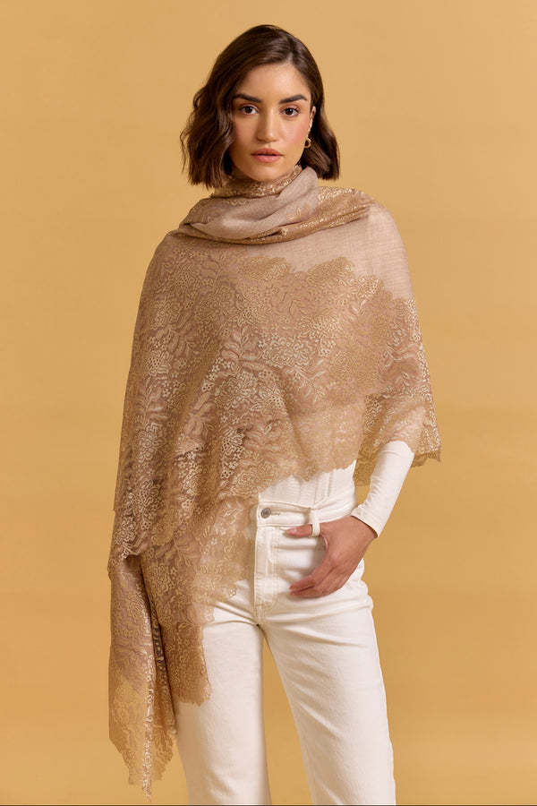 Beige With Gold Foil Pashmina Shawl