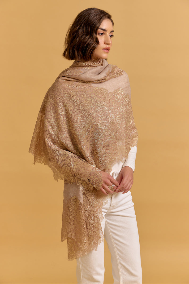 Beige With Gold Foil Pashmina Shawl