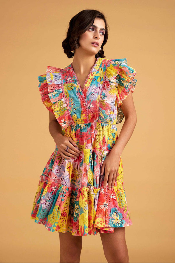 Multicoloured Floral Schiffli Dress