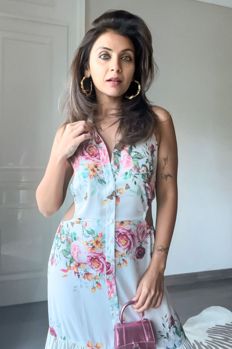 Nriti Shah In Our Halter Dress in White Floral Fabric