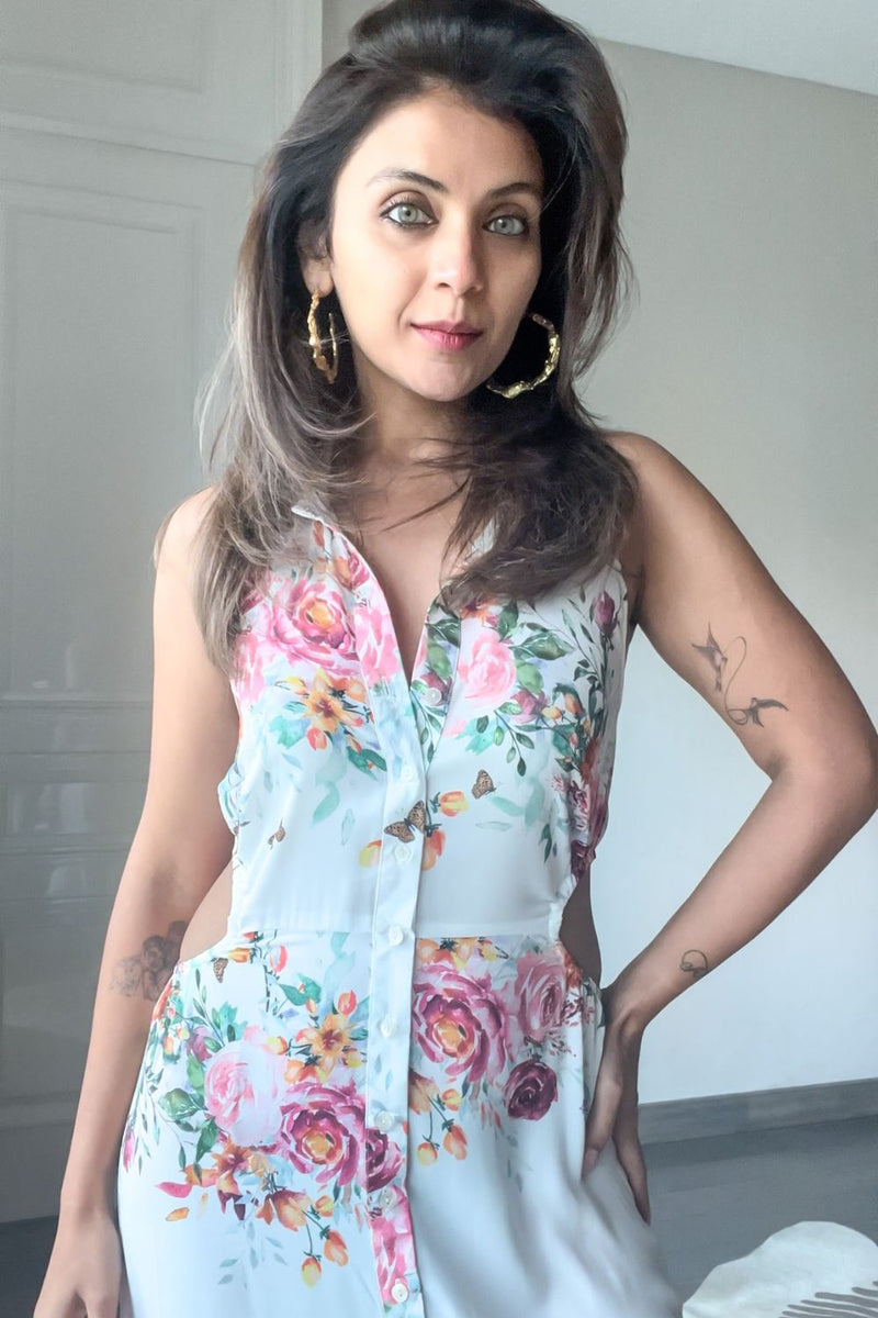 Nriti Shah In Our Halter Dress in White Floral Fabric