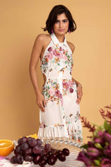 Halter Dress in White Floral Fabric