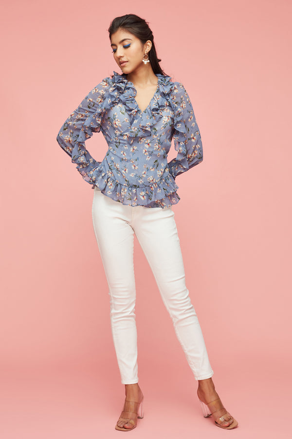 Blue Floral Frills Wrap Top