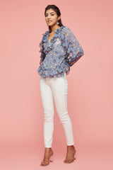 Blue Floral Frills Wrap Top