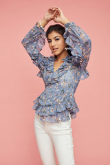Blue Floral Frills Wrap Top