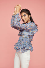 Blue Floral Frills Wrap Top